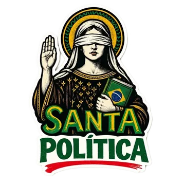 Logo do Santa Política: santa de olhos vendados segurando um livro com a bandeira do Brasil